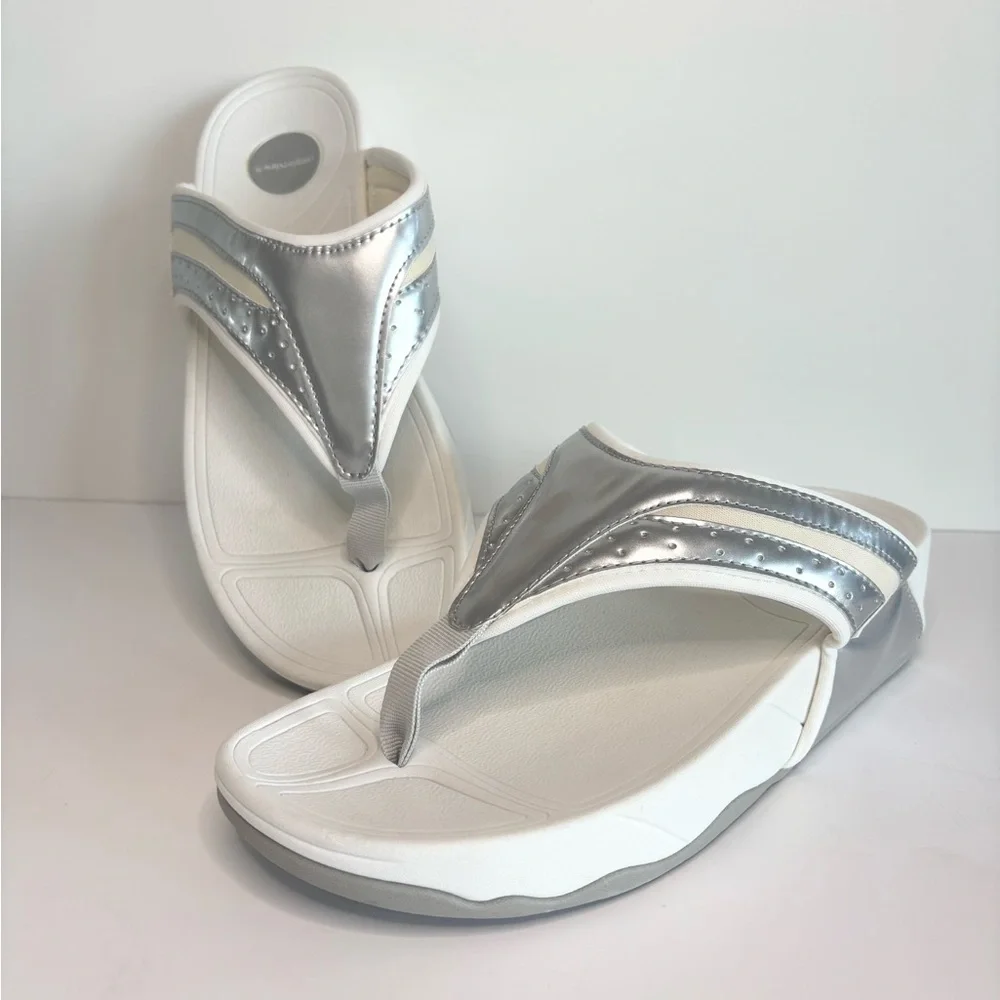 11WW Comfortview The Sporty Slip On Metallic Silver Thong Sandals Extra Wide
